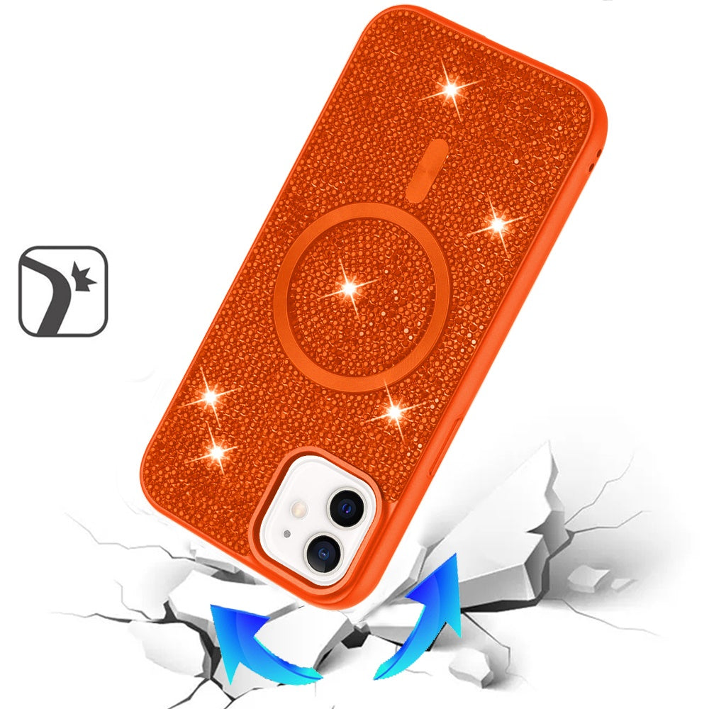 Phone Case for Apple iPhone 11 Magnetic Bling Diamond Sparkle Hybrid Shockproof Rugged Grip Durable Protection Anti-Slip Armor Design Cover Cosmic Orange