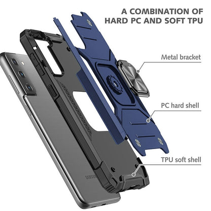 For Samsung Galaxy S21 Armor Hybrid Magnetic Stand with Ring Holder Kickstand Shockproof Heavy-Duty Durable Rugged TPU Dual Layer Case Cover Blue