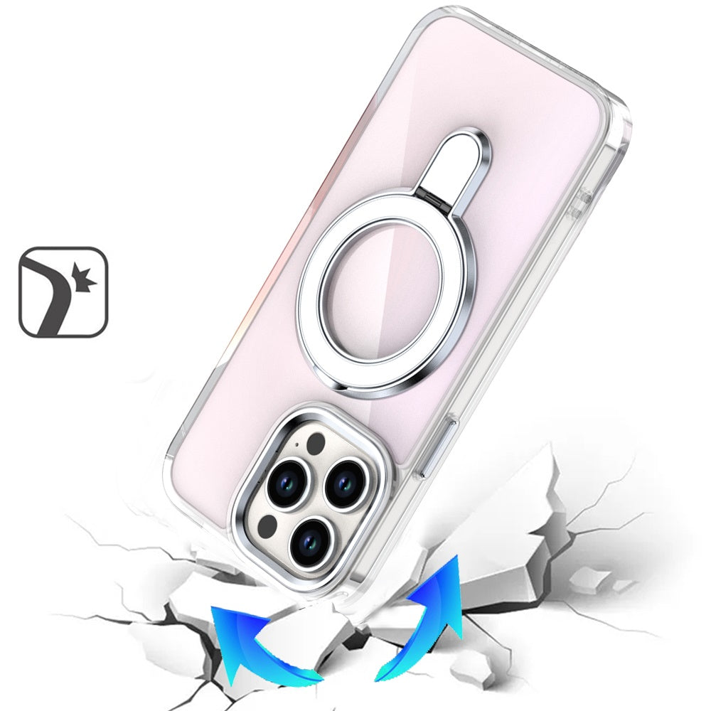For Apple iPhone 16 Pro Max Chrome Hybrid with Rotating Magnetic Circle Ring Stand, Slim Shockproof Hybrid Case Cover