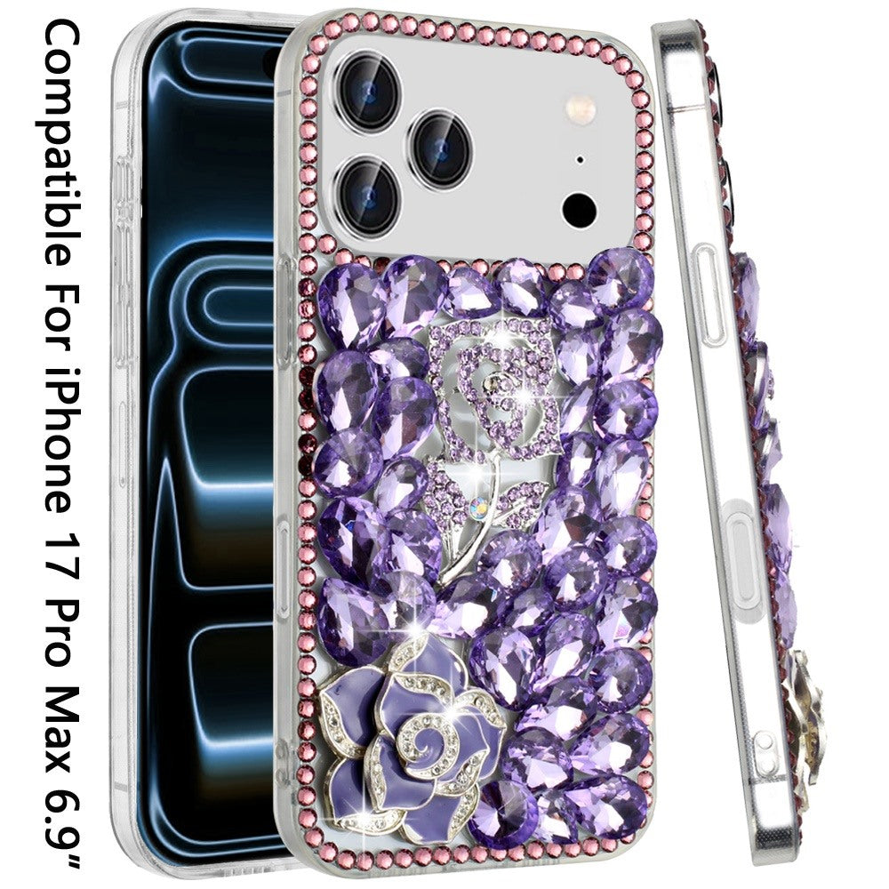 For Apple iPhone 17 Pro Max (6.9") Bling Crystal 3D Full Diamonds Luxury Sparkle Rhinestone Hybrid Protective Case Cover
