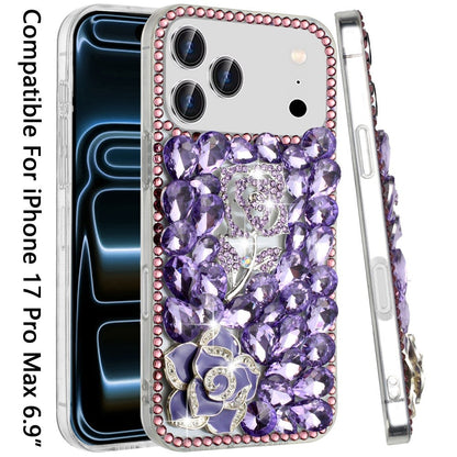 For Apple iPhone 17 Pro Max (6.9") Bling Crystal 3D Full Diamonds Luxury Sparkle Rhinestone Hybrid Protective Case Cover