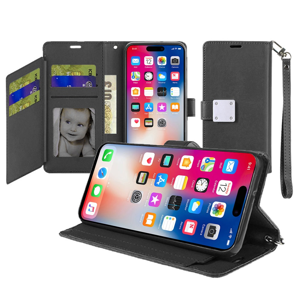 For Apple iPhone 14/13 Wallet Case with ID/ Card Holder, Wristlet Strap, Magnetic TPU Protective Shockproof Folio Flip Case Cover