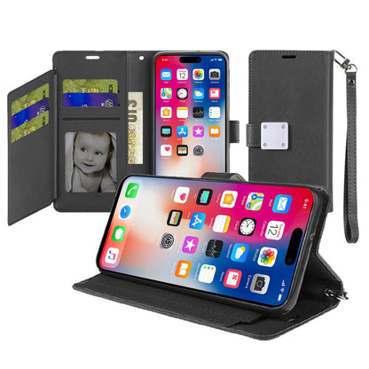 For Apple iPhone 14/13 Wallet Case with ID/ Card Holder, Wristlet Strap, Magnetic TPU Protective Shockproof Folio Flip Case Cover