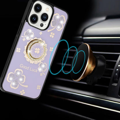 For Apple iPhone SE 4 Diamonds 3D Fashion Floral Bling Sparkly Glitter Ornaments Engraving Hybrid with Ring Stand Case Cover Purple Good Luck Floral
