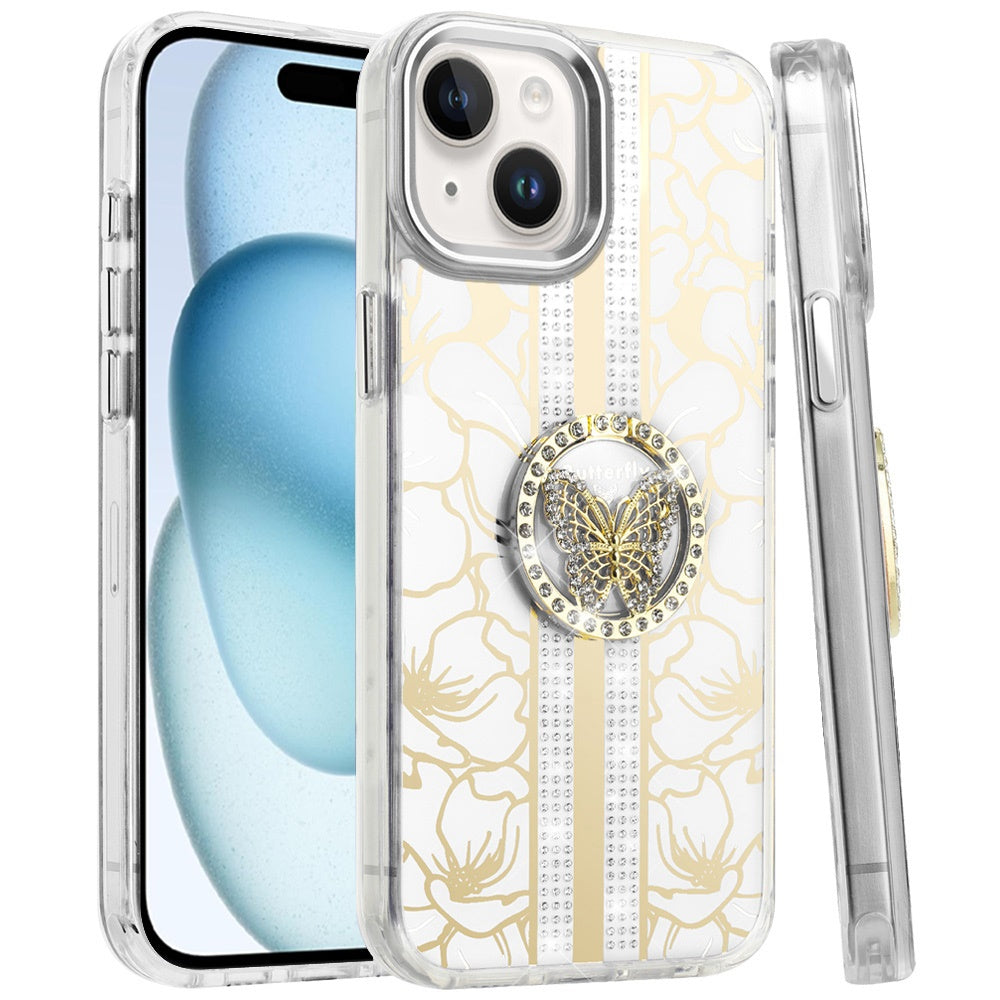 Phone Case for iPhone 15 (6.1") Floral Butterfly Ring Stand Glitter Shockproof Hybrid Luxury Metal Camera Protective Anti Slip Durable Grip Cover White