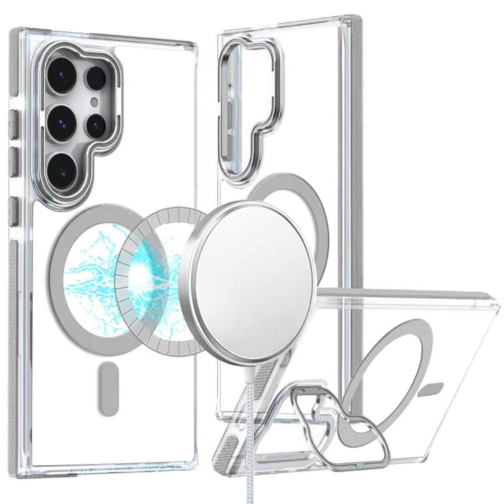 For Samsung Galaxy S25 /S24 Hybrid Clear Back Case with Invisible Camera Bracket Stand, MagSafe Magnetic Circle, Shockproof Color Frame Case Cover