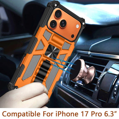 For Apple iPhone 17 Pro (6.3") Hybrid Shockproof [Military Grade] Rugged Protective with Magnetic Car Mount & Invisible Stand Case Cover Cosmic Orange
