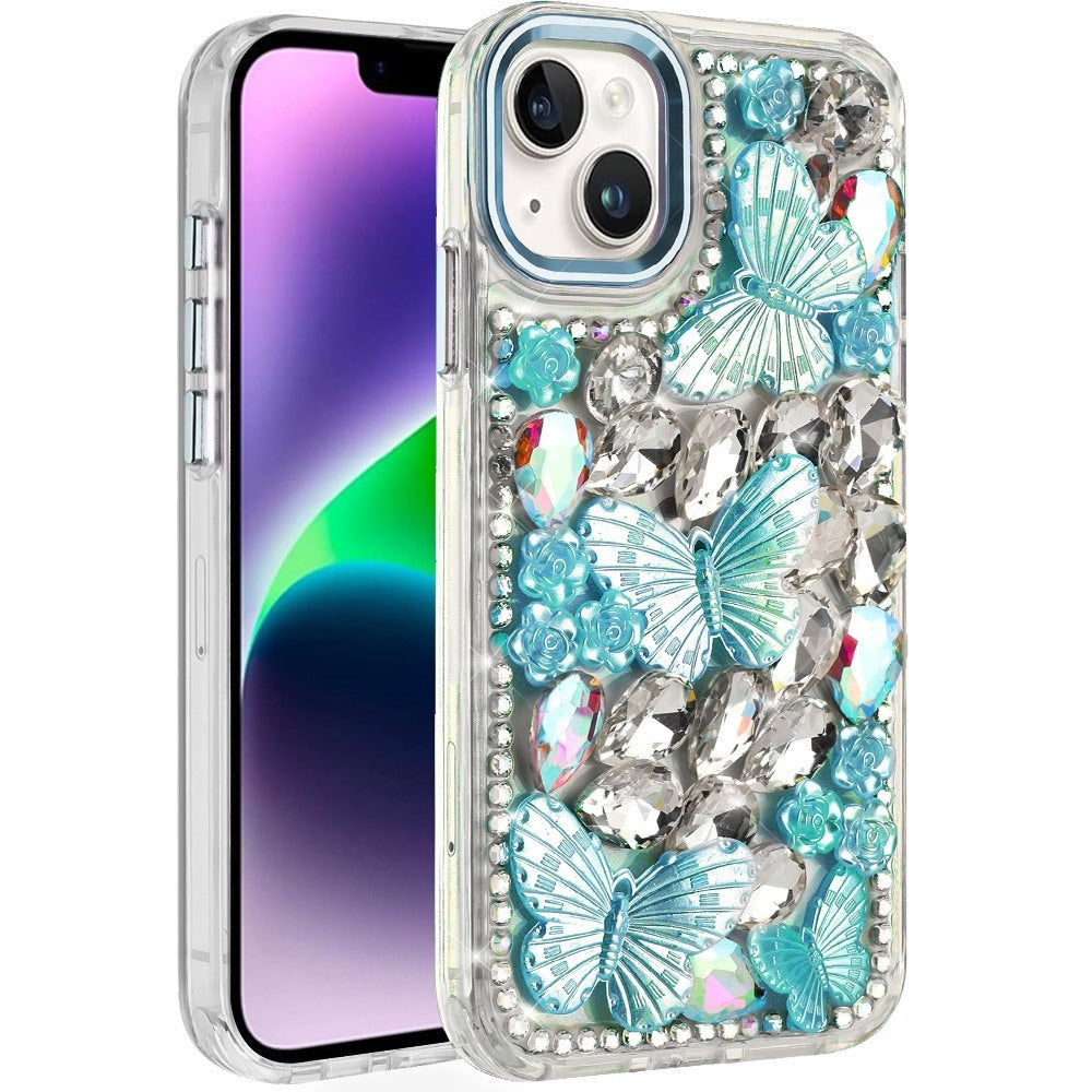 For Apple iPhone 17E /16E 3D Diamond Floral Butterfly Bling Stone Hybrid, Sparkly Rhinestone Gemstone Back Shockproof Case Cover