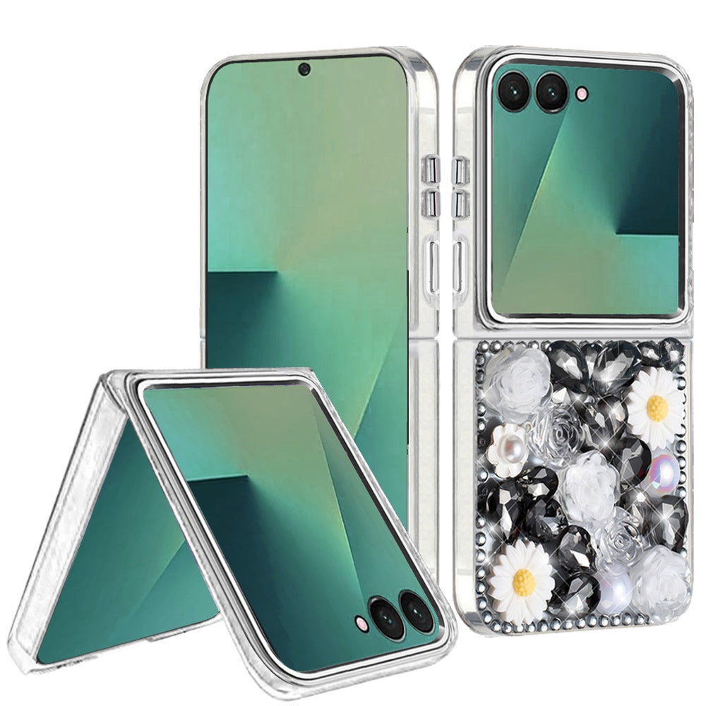 For Samsung Galaxy Z Flip 7 Fashion Daisy Floral Series, Full 3D Bling Crystal Diamonds Sparkling Rhinestone Glitter Hybrid Design Case Cover