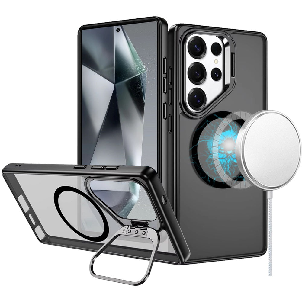 For Apple iPhone 13 Pro Heavy Duty Metallic Hybrid Tough TPU with Camera Ring Stand, MagSafe Compatible, Rugged Drop Protection Case Cover Black