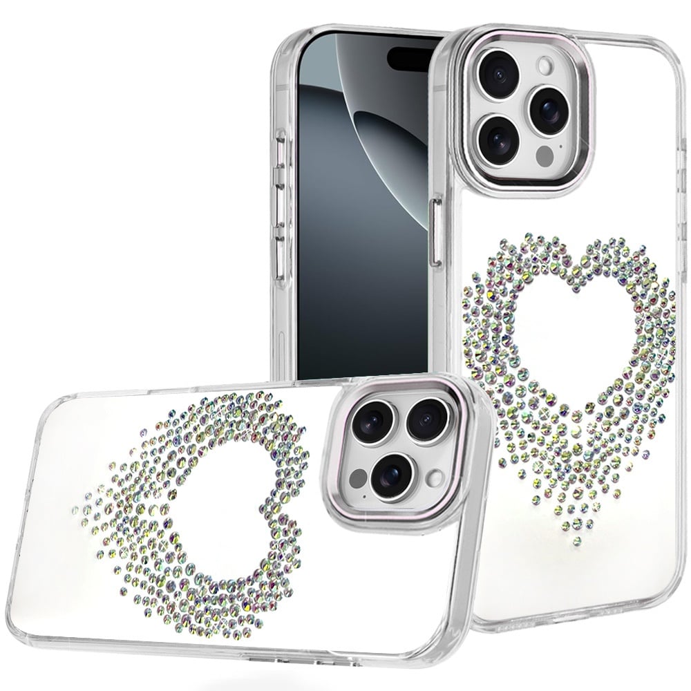 For iPhone 16 Pro Max (6.9") Angel Hearts Bling Glitter Diamond Hybrid TPU Cover, Colorful Frame Shockproof Protective Back Case Cover Silver