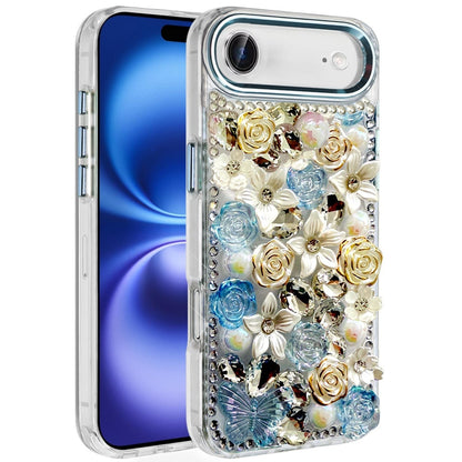 For Apple iPhone 17 Air (6.6") 3D Diamond Floral Roses Flower Bling Stone Hybrid, Sparkly Rhinestone Gemstone Back Shockproof Case Cover
