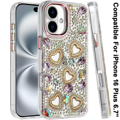 Phone Case for Apple iPhone 16 Plus Luxury Crystal Heart Rhinestone Diamond Bling Shockproof Hybrid Glitter Protective Stylish Durable Grip Cover