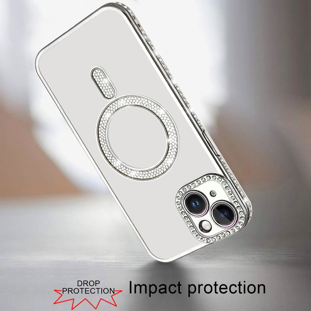 For Apple iPhone 16 (6.1") Bling Case with Diamond Magnetic Circle, Transparent Slim Shockproof Hybrid Slim Fit Case Cover