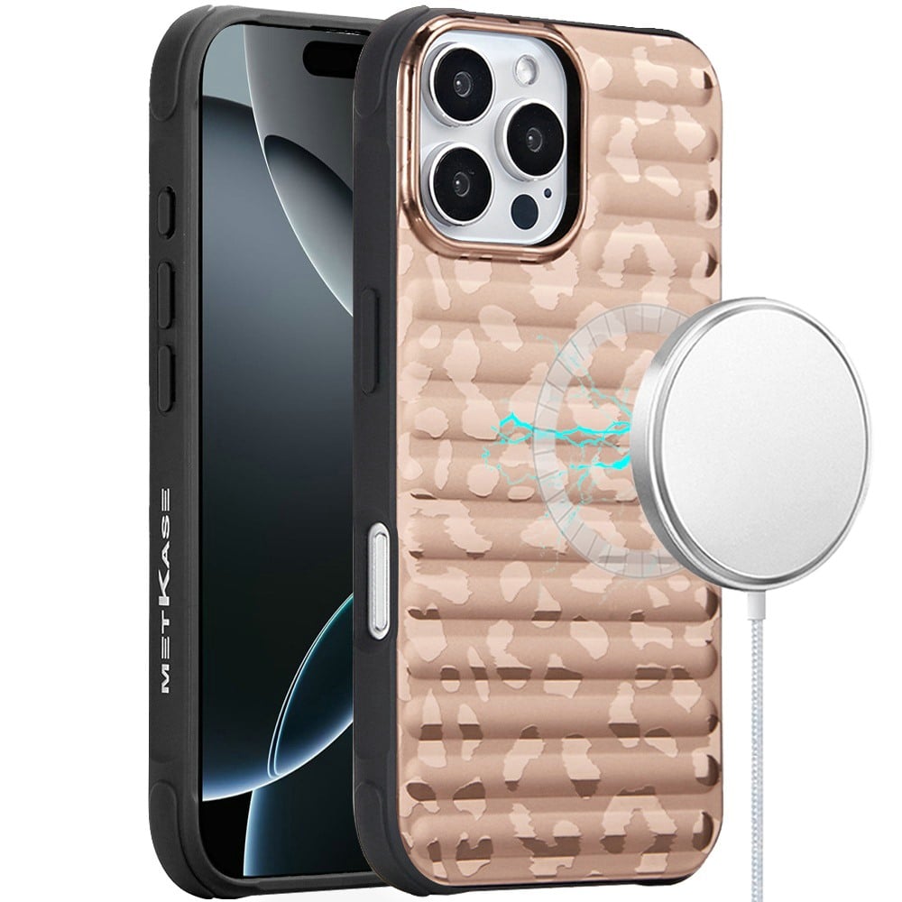 For Apple iPhone 16 Pro Chrome Leopard Magnetic Hybrid Shockproof Protection Design Secure Grip Stylish Durable Finish Case Cover Rose Gold Leopard