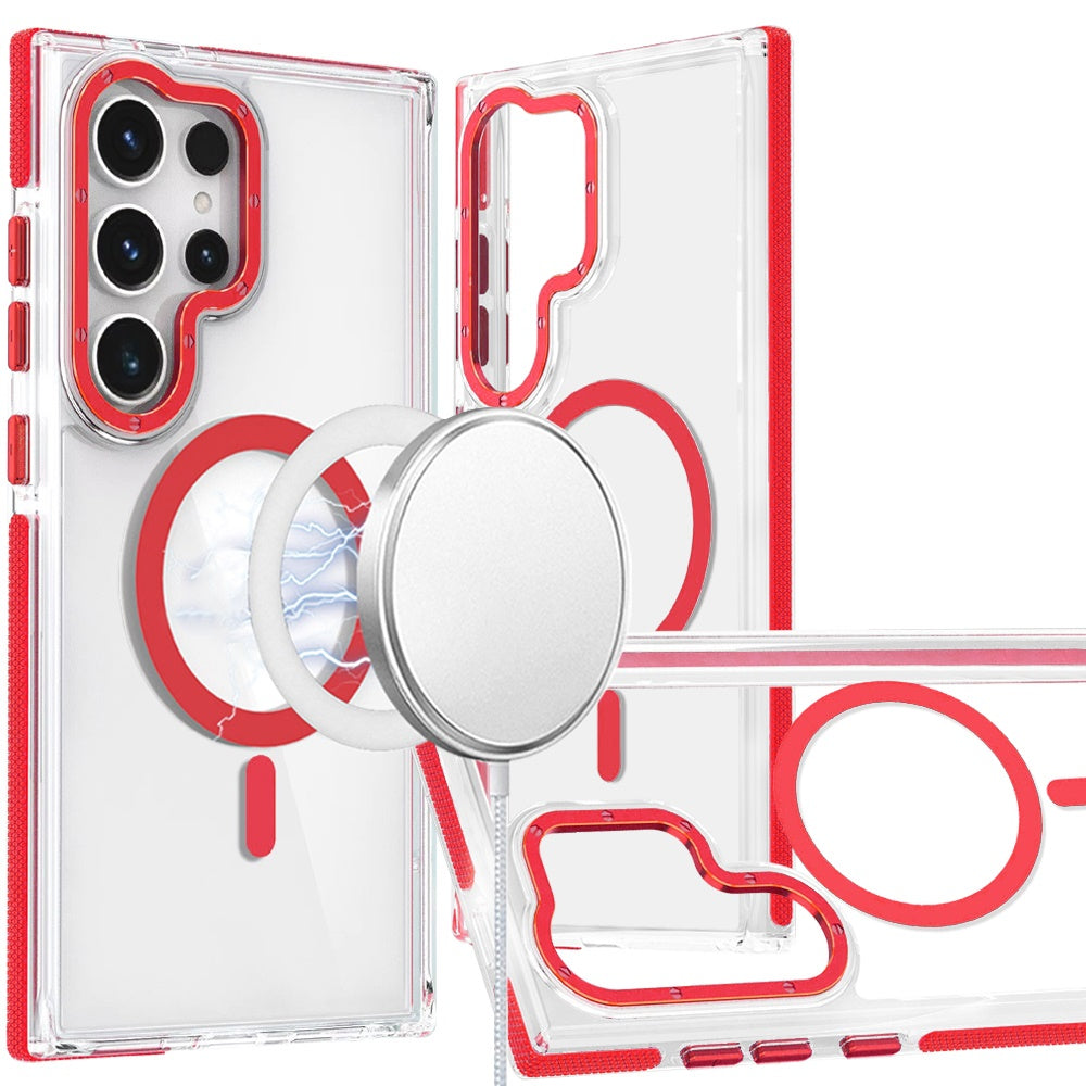 Phone Case for Samsung Galaxy S22 Ultra Strong Magnetic Back Clear Hybrid TPU Hard PC Shock Absorbing with Color Frame Grip Slim Fit Protector Cover Red