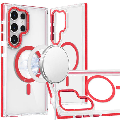 Phone Case for Samsung Galaxy S22 Ultra Strong Magnetic Back Clear Hybrid TPU Hard PC Shock Absorbing with Color Frame Grip Slim Fit Protector Cover Red