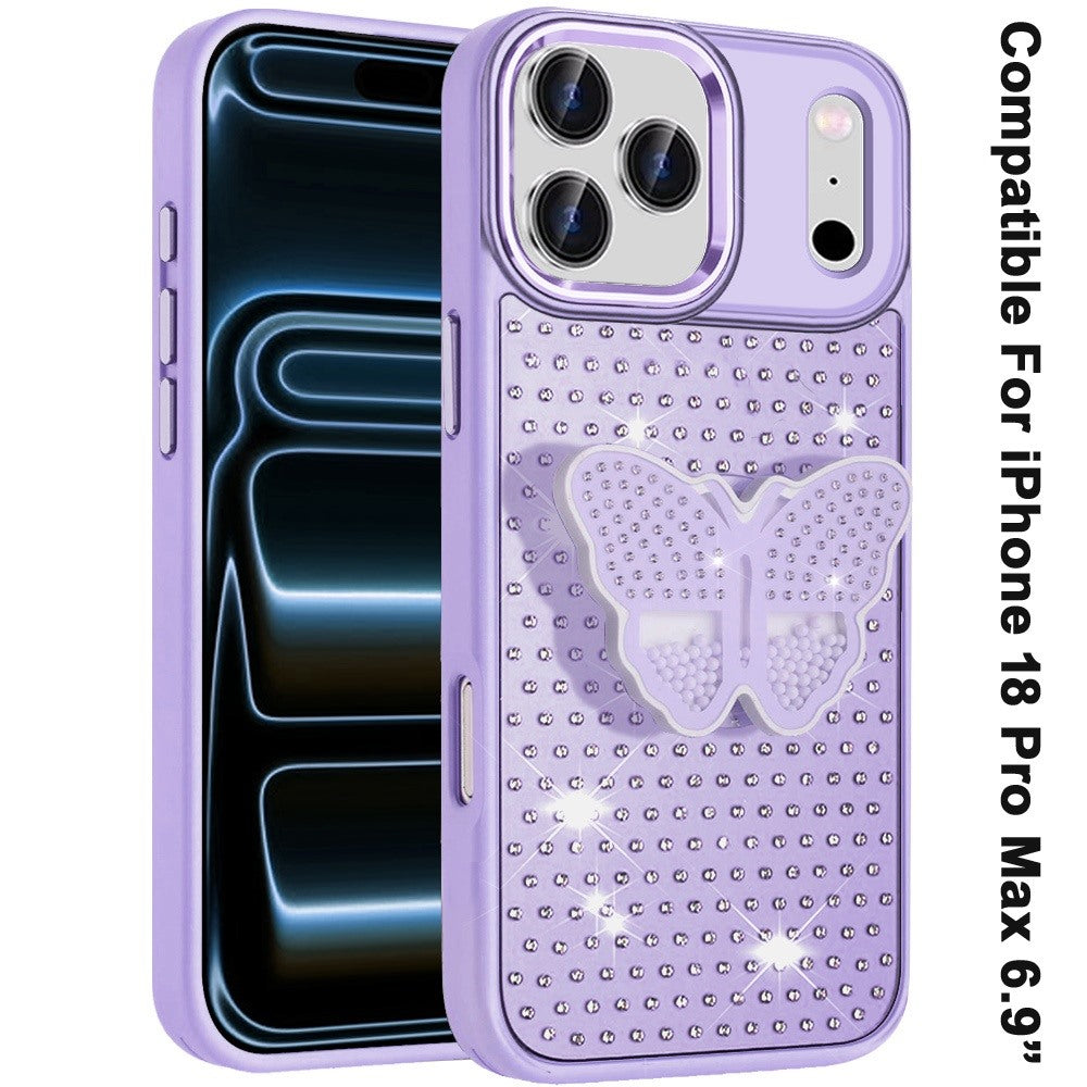 Phone Case for Apple iPhone 18 Pro Max Butterfly Grip Pop Stand Diamond Sparkle Hybrid Shockproof Metal Button Slim Protective Grip Decorative Design Cover