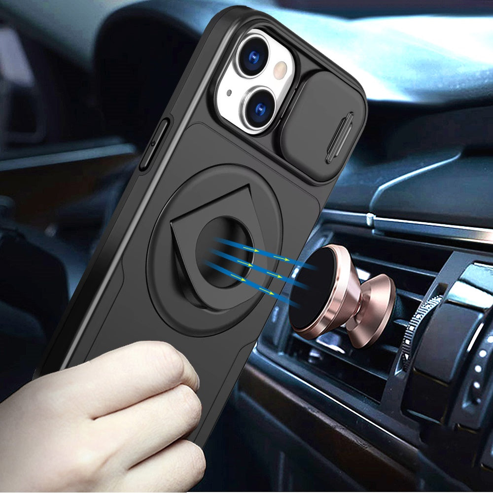 For Samsung Galaxy S21 FE /Fan Edition Full Coverage with Camera Window, Magnetic Circle, Rotatable Ring Stand, MagSafe Compatible, Shockproof Hybrid Protectiv Case Cover Black
