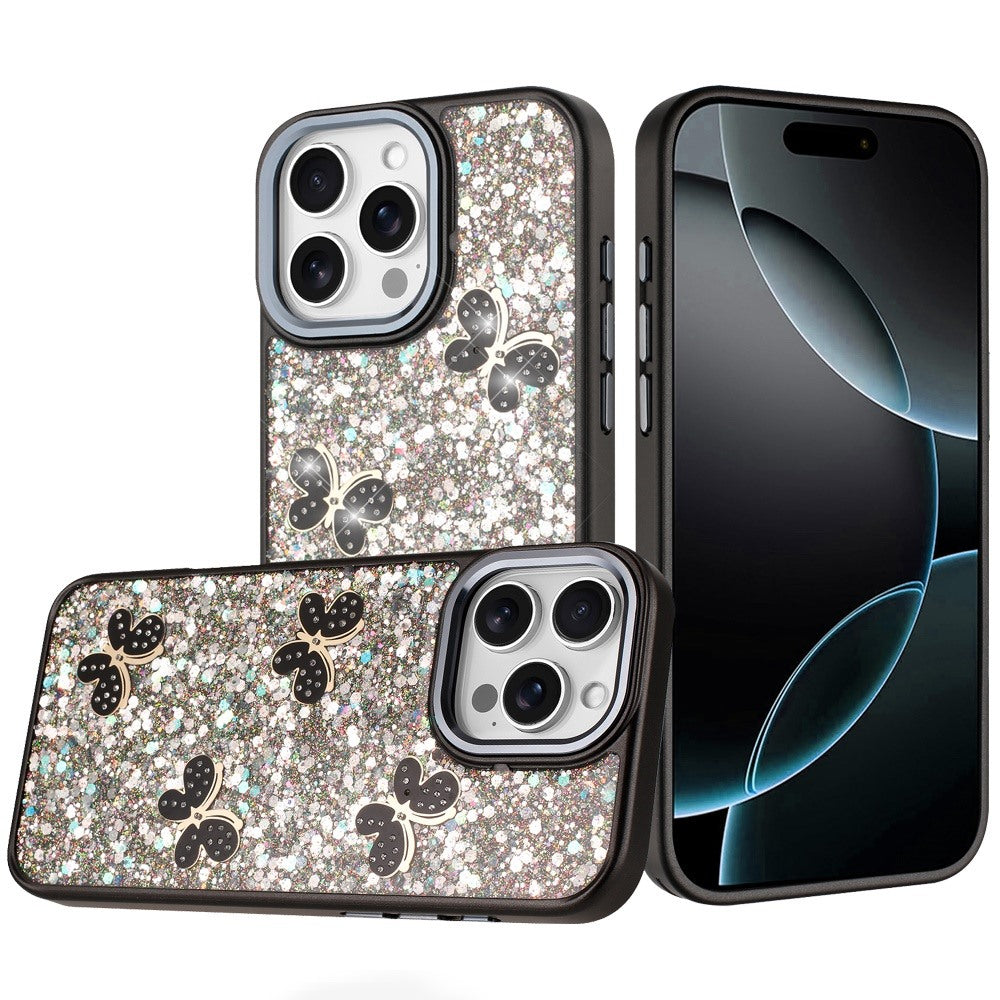 Phone Case for Apple iPhone 16 Pro Max Cute Butterfly Diamond Glitter Metallic Hybrid Shockproof Shimmer Grip Stylish Protective Luxury Designer Cover