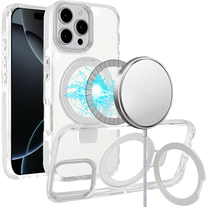 For Apple iPhone 16 Plus (6.7") Hybrid Transparent Circle Back Ring Kickstand [Compatible with MagSafe] Shockproof Color Frame Bumper Case Cover