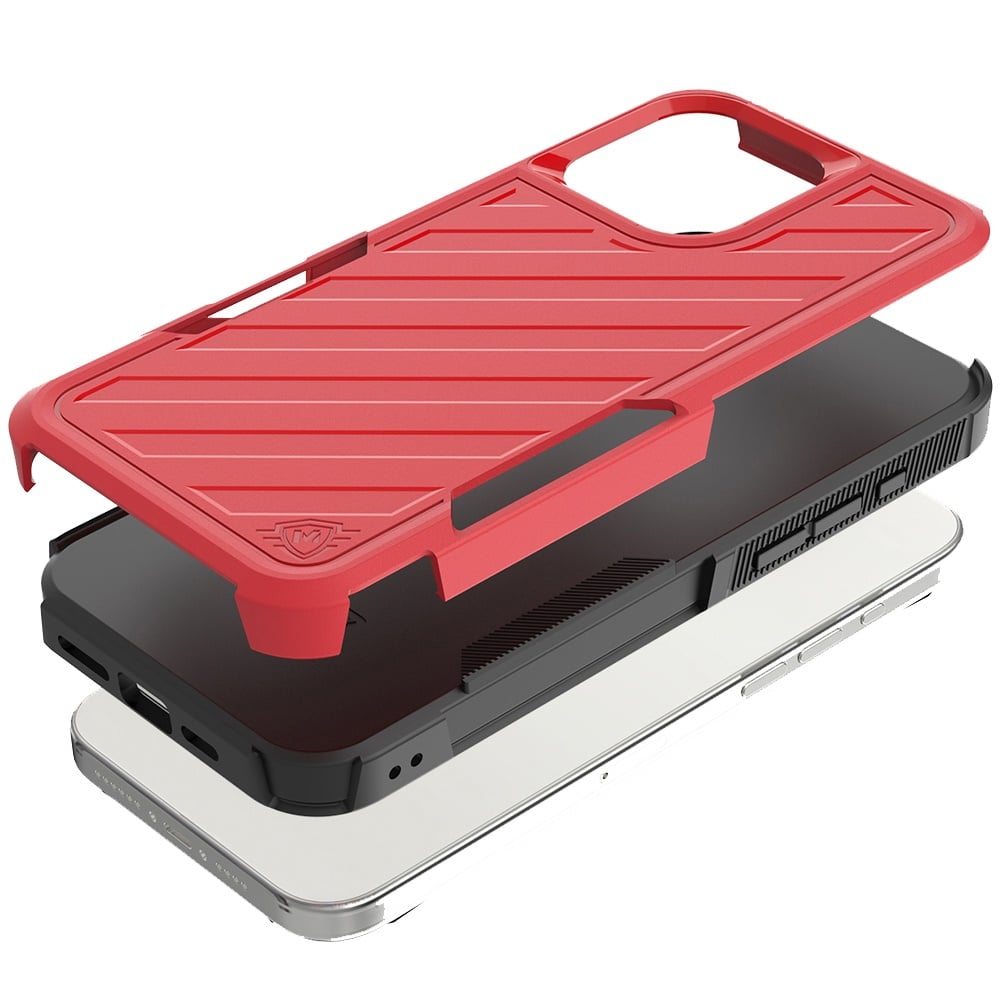 For Apple iPhone 16 Plus Hybrid lined shockproof dual layer Rugged 2in1 Hard PC & Silicone TPU Non Slip Textured Tough Armor Case Cover Red+Black
