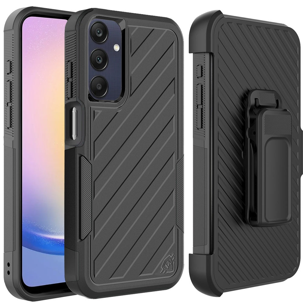 For Apple iPhone 16 Plus (6.7") Combo Hybrid lined with Belt Clip Holster Armor Shockproof Rugged Textured 2in1 Non Slip Tough Case Cover Black / Black