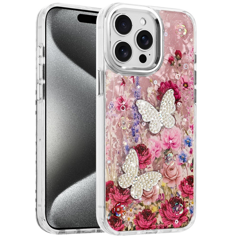 For Apple iPhone 15 Pro Max Epoxy Glitter Flowers Bling 3D Butterfly Fashion TPU Hybrid with Shockproof Protection Case Cover