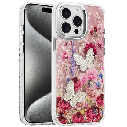 For Apple iPhone 14 Pro Max Epoxy Glitter Flowers Bling 3D Butterfly Fashion TPU Hybrid with Shockproof Protection Case Cover