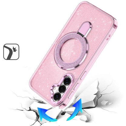 Phone Case for Samsung Galaxy S26 FE /Fan Edition Transparent Glitter Bling Magnetic Ring Stand Shockproof Anti Slip Rotating Grip Protective Hybrid Durable Armor Cover
