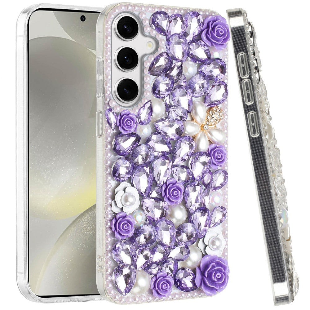 For Apple iPhone 17E /16E Fashion Rose Flower Floral, 3D Bling Crystal Full Diamonds Pearl Sparkle Rhinestone Glitter Hybrid Case Cover Purple