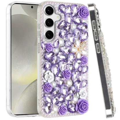 For Apple iPhone 17E /16E Fashion Rose Flower Floral, 3D Bling Crystal Full Diamonds Pearl Sparkle Rhinestone Glitter Hybrid Case Cover Purple