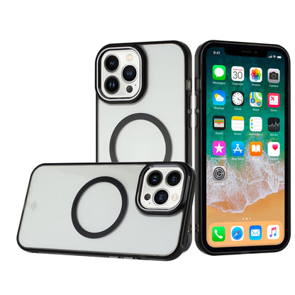 For Apple iPhone 14 Pro Transparent Back Hybrid Case - Magnetic Circle, Color Frame, Metal Buttons, MagSafe Compatible Case Cover Black