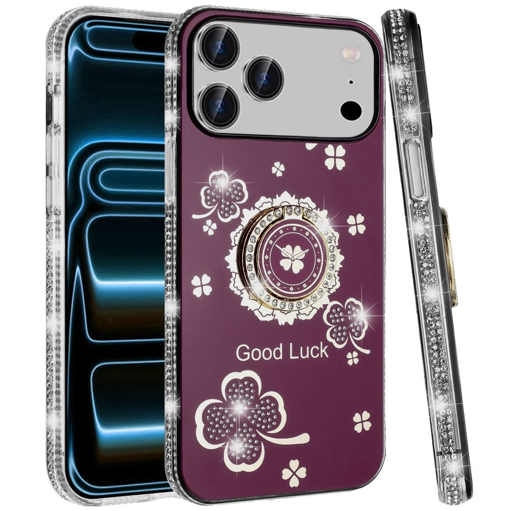 Phone Case for Apple iPhone 18 Pro Max Glitter Diamond Ring Stand Sparkle Rhinestone Edge AntiSlip Kickstand Luxury Fashion Bumper Shockproof Cover Purple