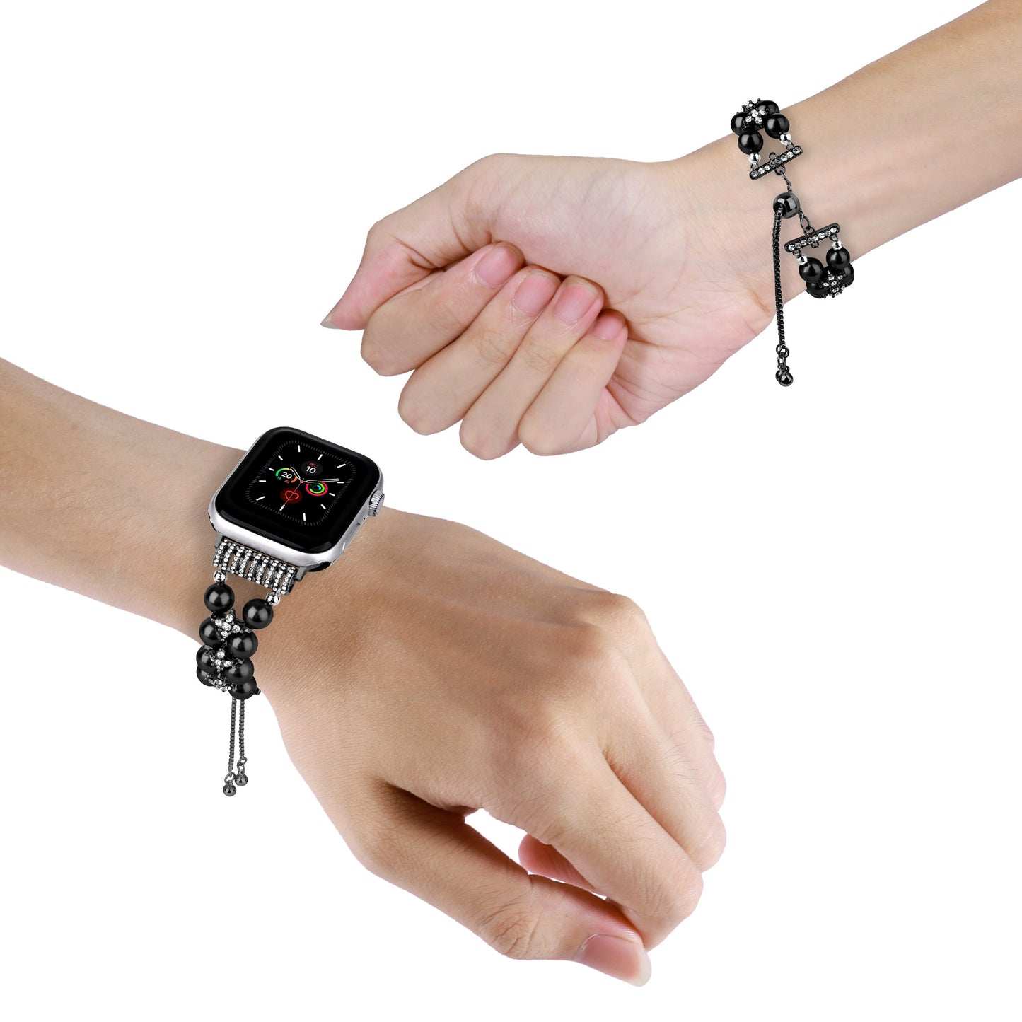 Watch Band for Apple Watch 38/40/41mm, Series 1-8 & SE Pearls Fashion Bling Strand Metal Adjustable replacment Bracelet Style with Secure Attachment