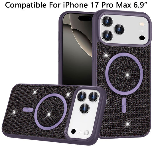 For Apple iPhone 17 Pro Max (6.9") Sparkly Diamond Bling Case Rhinestone Skin Hybrid with Magnetic Circle, MagSafe Compatible Case Cover Purple