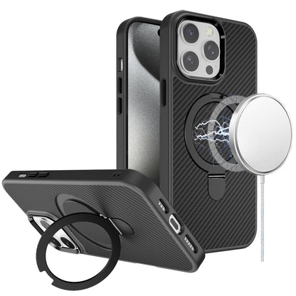 For Apple iPhone 16e (E edition) Hybrid Carbon Fiber Design with MagSafe Compatible [Magnetic Circle], Ring Stand Shockproof Slim TPU Case Cover
