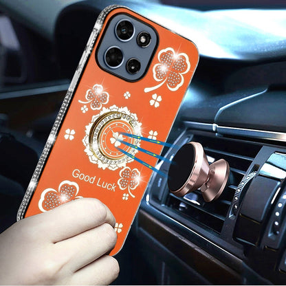 For Motorola Moto G 5G 2026/2025 Diamonds Bling All Around Edges Sparkly Glitter Hybrid with Ring Stand Holder Fashion Good Luck Case Cover Cosmic Orange