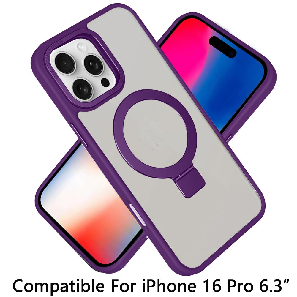 For Apple iPhone 16 Pro Magnetic Metal Matte Built-in Compatible with MagSafe Kickstand Hybrid Shock Armor TPU Case Cover Purple