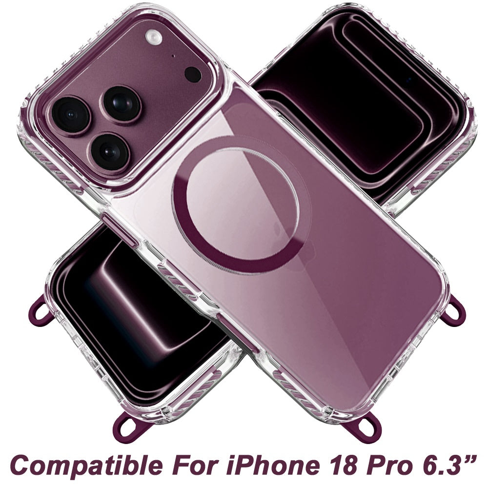 Phone Case for Apple iPhone 18 Pro/ 17 Pro Transparent Magnetic Lanyard Shockproof Hybrid Clear Grip Durable Camera Protection TPU Anti-Slip Design Cover Purple