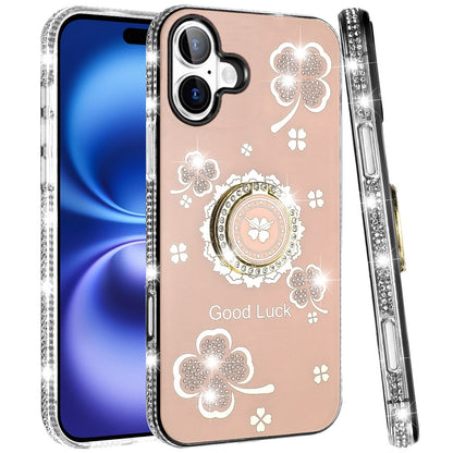 For Apple iPhone 17 (6.3") Diamonds Bling All Around Edges Sparkly Glitter Hybrid with Ring Stand Holder Fashion Good Luck Case Cover