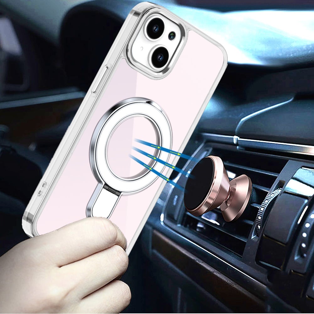 For iPhone 14/13 (6.1") Chrome Hybrid with Rotating Magnetic Circle Ring Stand, Slim Shockproof Hybrid Case Cover Cosmic Orange