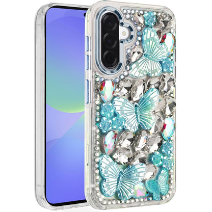 For Samsung Galaxy A37 3D Diamond Floral Butterfly Bling Stone Hybrid, Sparkly Rhinestone Gemstone Back Shockproof Case Cover