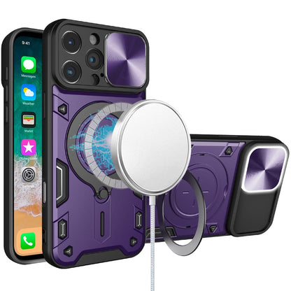 Phone Case for Apple iPhone 16 Pro Max Magnetic Ring Stand Shockproof Hybrid Full Camera Slide Guard Anti Slip Heavy Duty Protective Armor Cover Purple