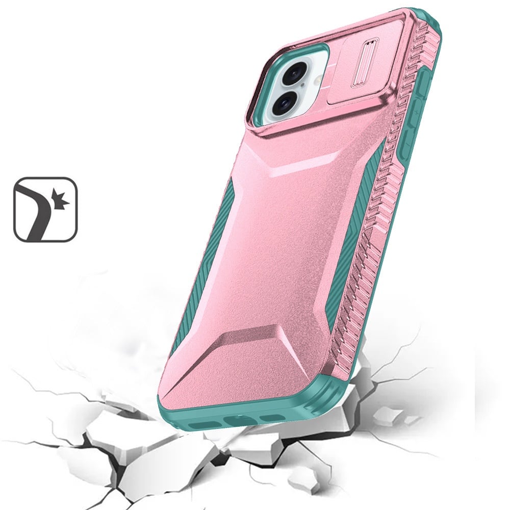 For Apple iPhone 16 Plus Slim Fit Shockproof Hybrid with Slide Camera Window Covering, Rugged Tpu Silicone Hard PC Bumper Case Cover Pink-Teal