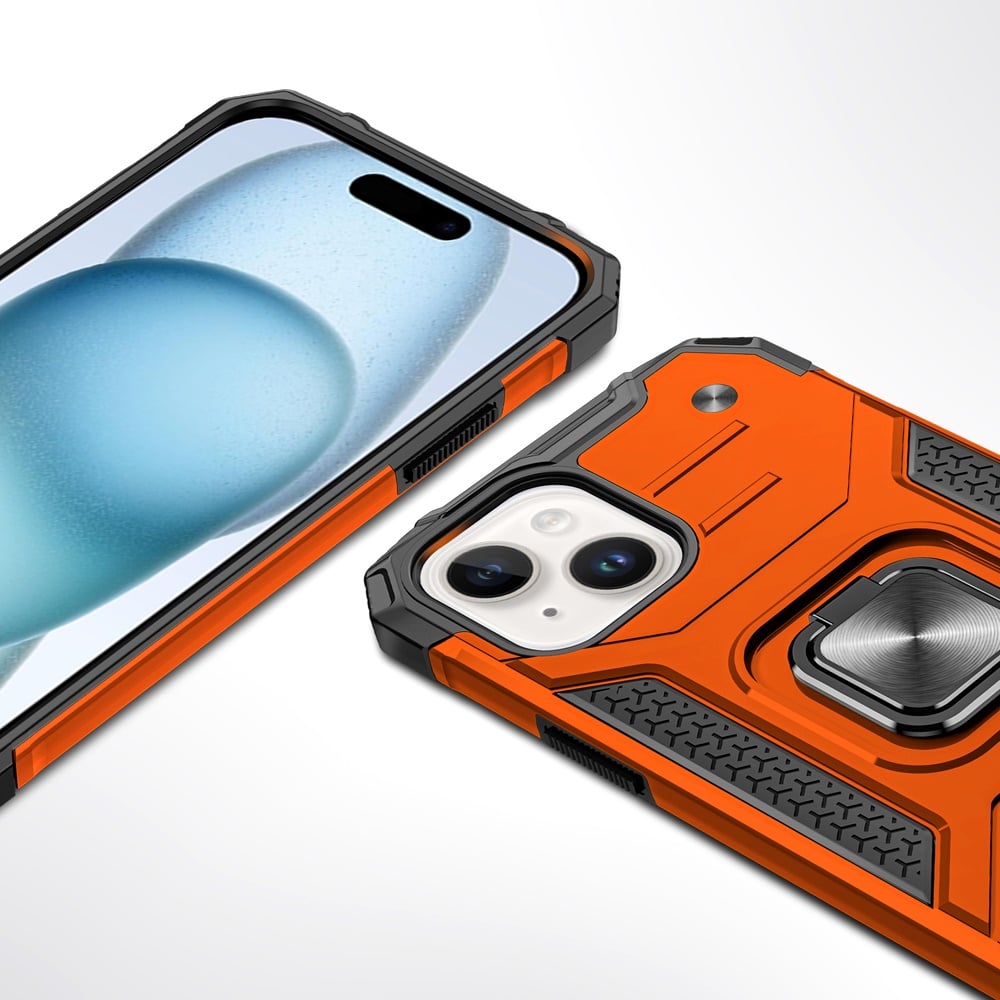For iPhone 15 (6.1") Armor Hybrid Magnetic Stand with Ring Holder Kickstand Shockproof Heavy-Duty Durable Rugged TPU Dual Layer Case Cover Cosmic Orange