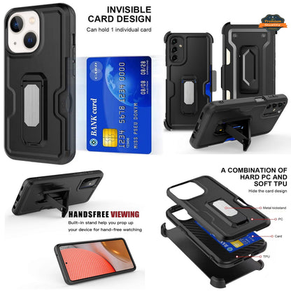For Apple iPhone 15 Pro (6.1") Hybrid Invisible ID Card Slot Wallet with Kickstand Holster Belt Clip Holder Heavy Duty  Phone Case Cover