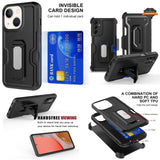 For Apple iPhone 15 Pro (6.1") Hybrid Invisible ID Card Slot Wallet with Kickstand Holster Belt Clip Holder Heavy Duty  Phone Case Cover