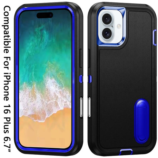 Phone Case for Apple iPhone 16 Plus 3in1 Tough Rugged Kickstand Shockproof Armor Grip Heavy Duty Drop Resistant Protective Hybrid Cover Black +Dark Blue