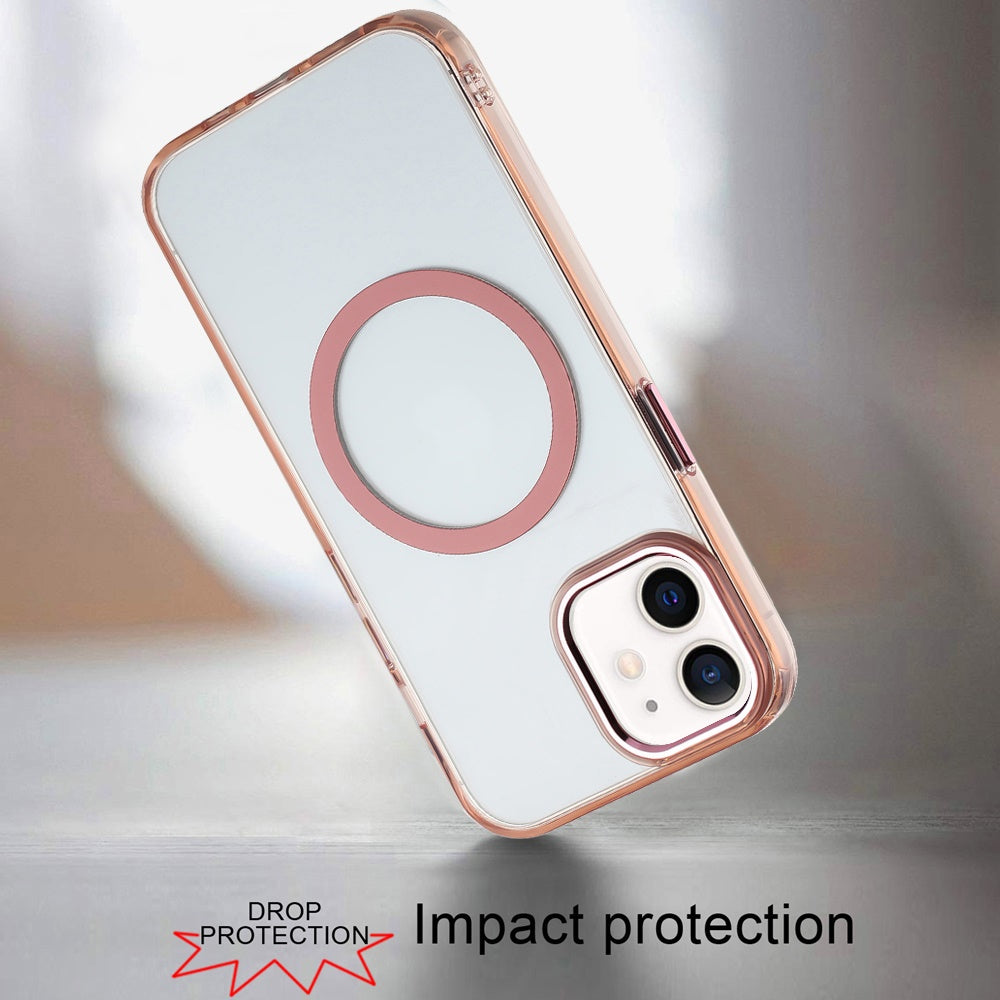 For Apple iPhone 11 Transparent Back Hybrid Case - Magnetic Circle, Color Frame, Metal Buttons, MagSafe Compatible Case Cover